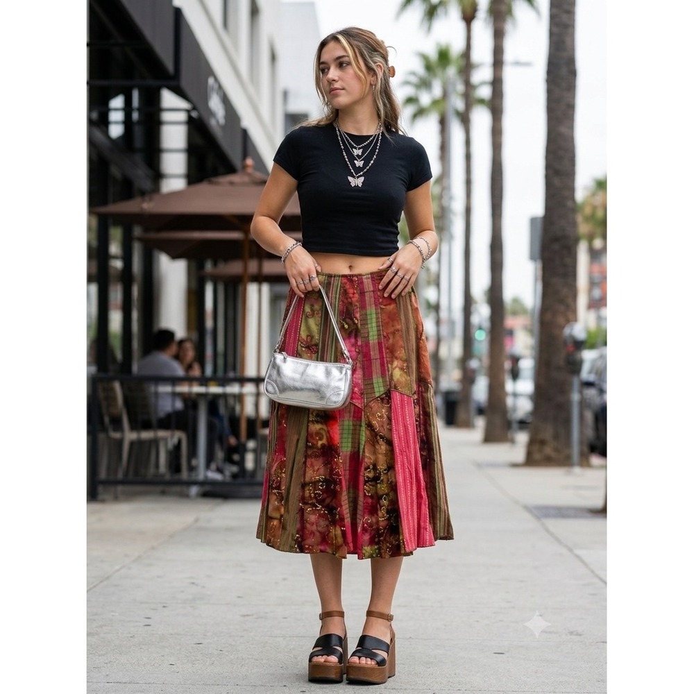 Per Una Boho Patchwork Midi Skirt Batik Plaid Multi Color Paneled Women Size L